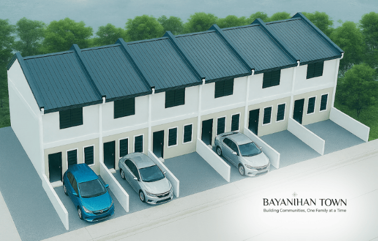Aerial view of Bayanihan Town modern white row houses with cars parked in private driveways.