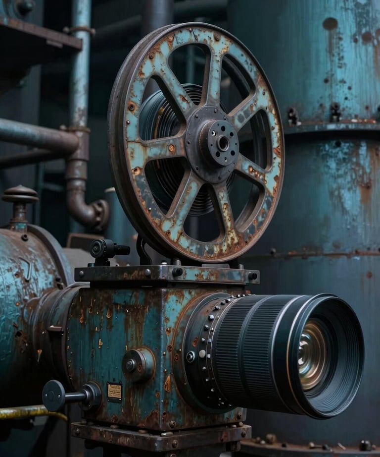 A cinematic photograph of an industrial North American set showing intricate weathering and metallic textures. Dark teal lighting adds an artistic, moody feel.