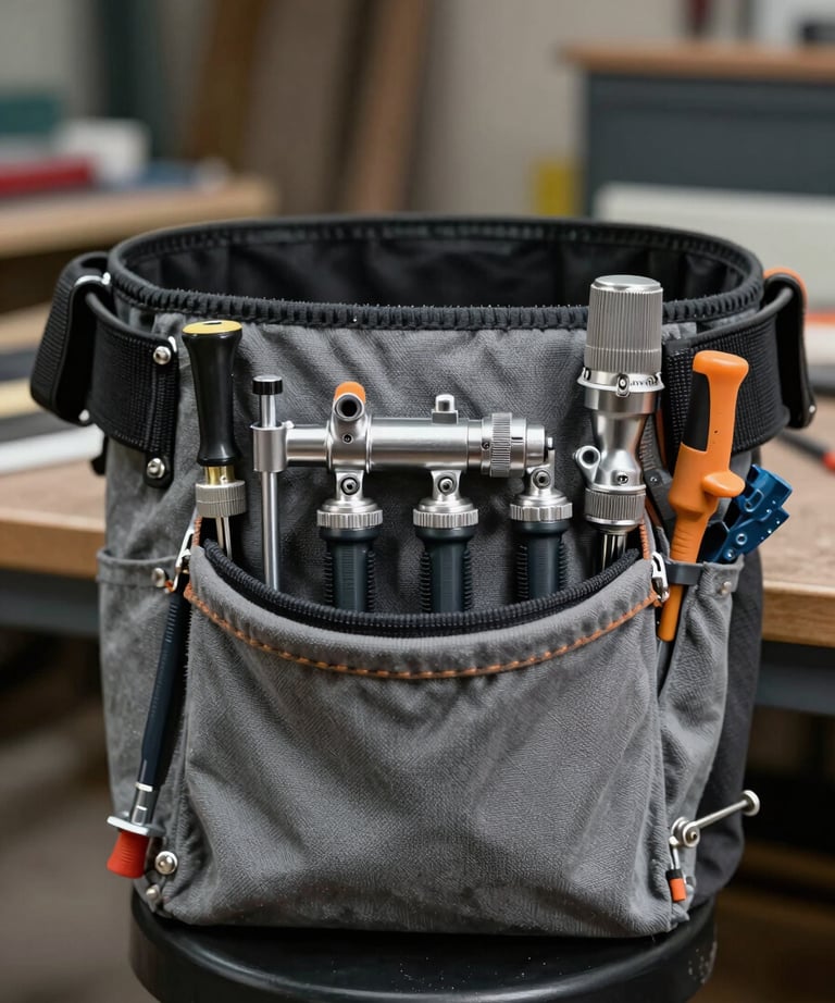 A detailed shot of a specialized tool belt and industrial painting equipment sitting on a set, representing the technical side of the scenic arts. Palette includes silver-grey and dark charcoal.