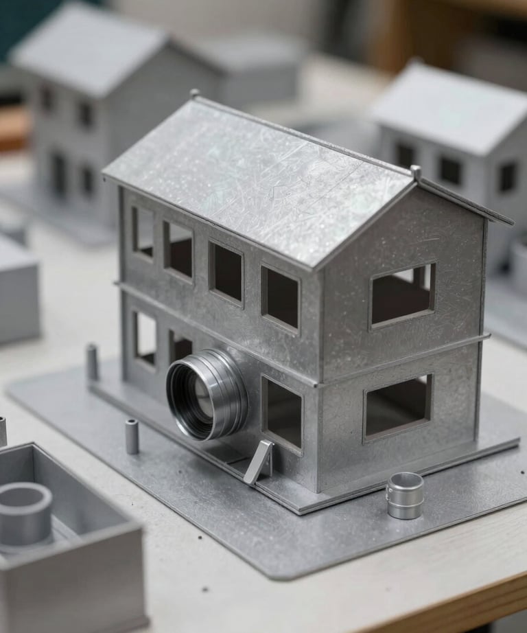 A close-up shot of a complex set model built with silver-grey materials, showing the detailed planning involved in production design.