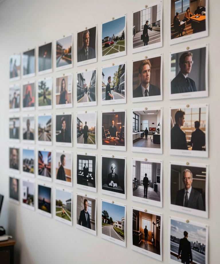 A shot of a high-end North American art department office, with wall-to-wall moodboards and reference images for a cinematic production. Clean, organized, and artistic.