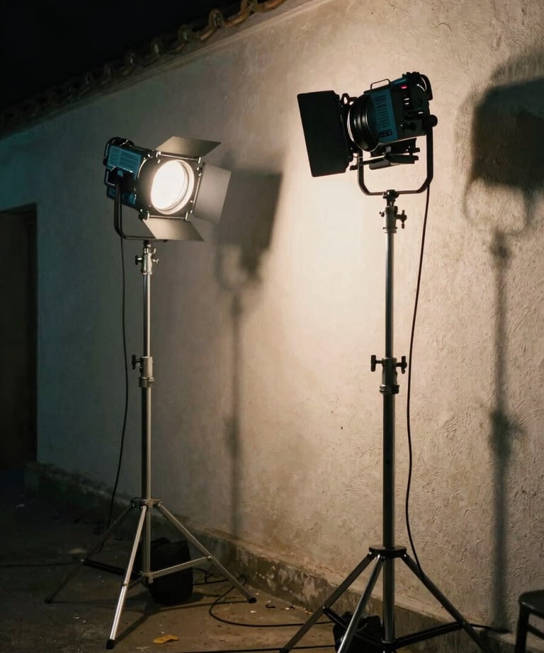 A photograph of a film set at night, with professional lighting rigs casting long shadows over a textured exterior wall. The mood is artistic and experienced.