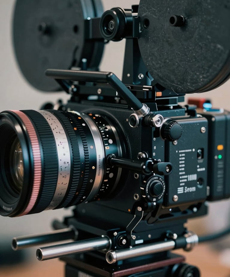 A close-up photograph of a professional film camera focused on a detailed set element, showing the clarity and texture achieved by the art department. Dark teal and silver palette.