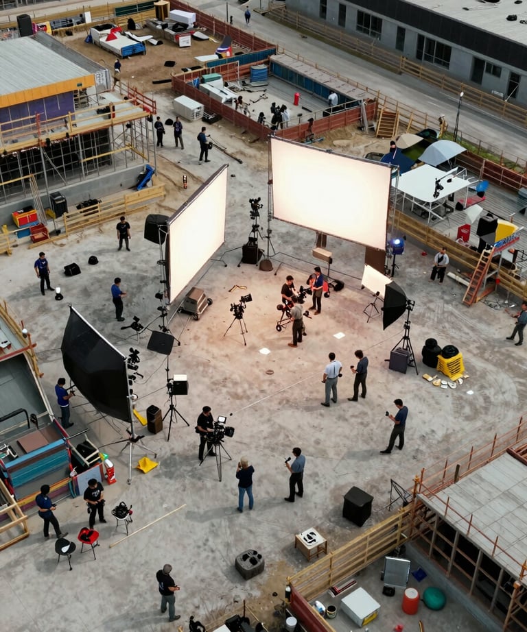 An aerial view of an organized construction department within a large North American film studio, showing multiple sets in various stages of completion. Professional and industrious mood.
