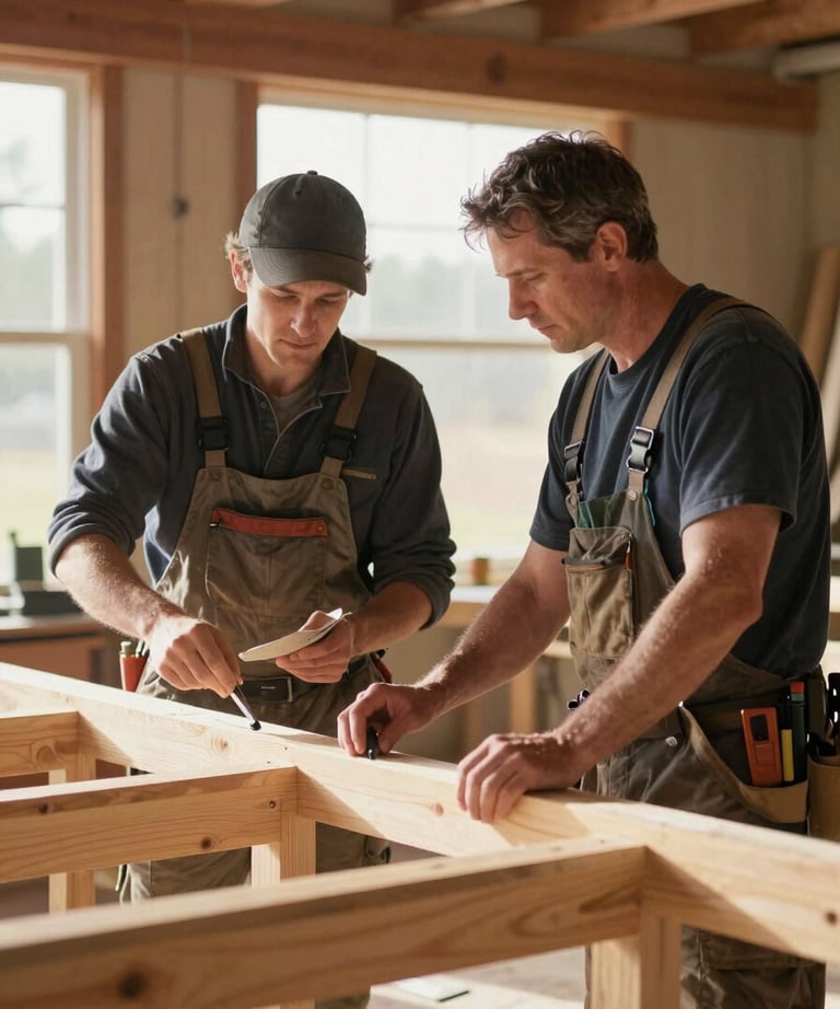 A professional shot of a lead carpenter and a scenic artist collaborating over a wooden structure in a sunlit North American workshop. The atmosphere is one of mutual respect and expert craftsmanship.