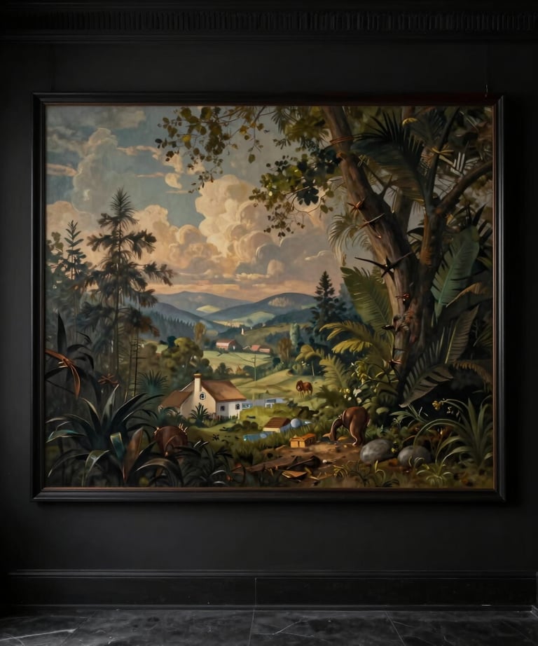 A professional photography shot of a finished set interior, showcasing a dark, atmospheric room with high-quality scenic painting.