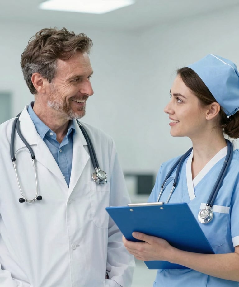 A group of diverse healthcare professionals chatting and sharing ideas in a modern clinic.