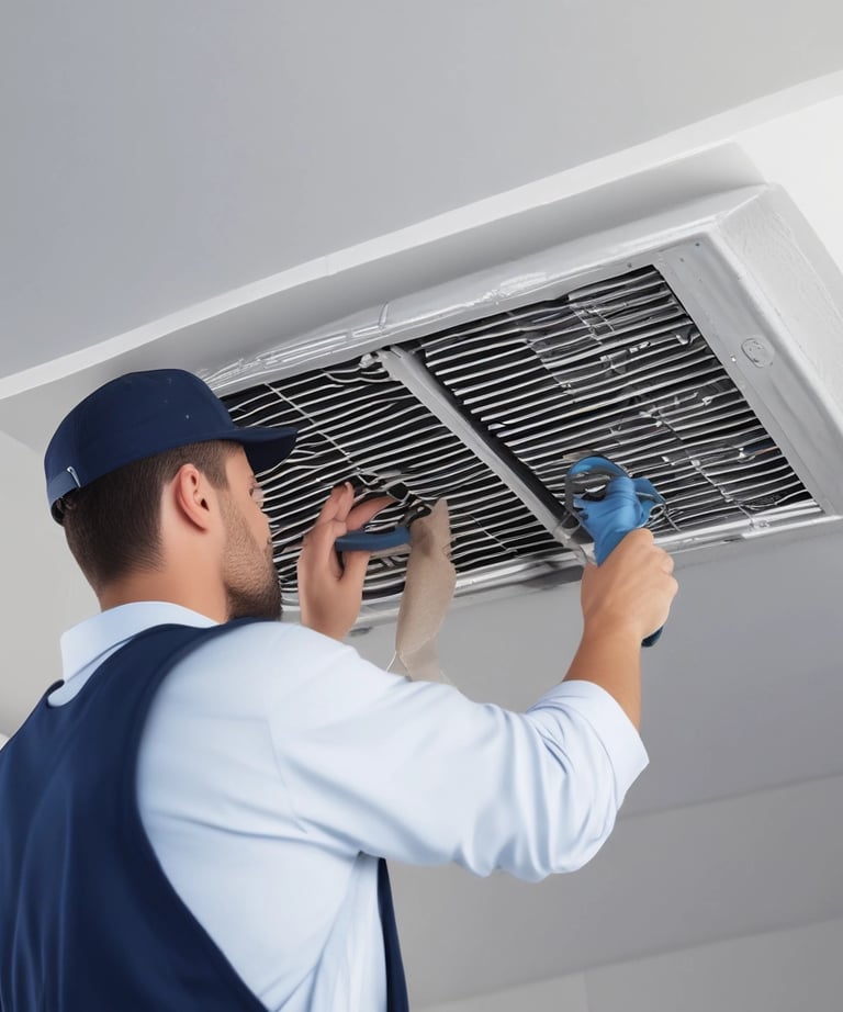 Technician carefully inspecting and cleaning an air duct system in a modern home.