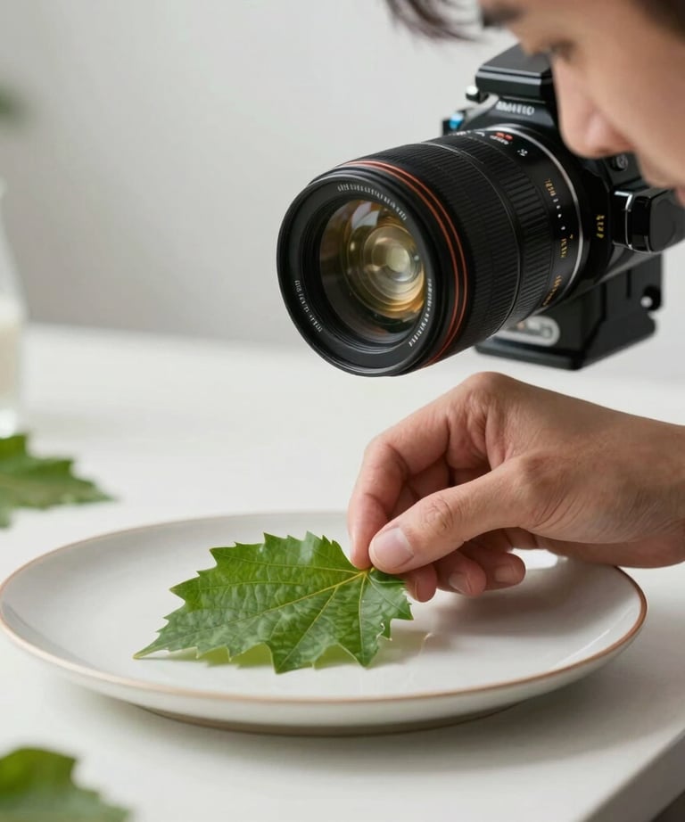 A specialist food photographer in a bright studio adjusting a small forest green leaf on a plate with surgical precision for a macro shot.