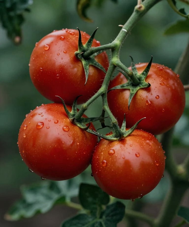 A close-up photograph of vibrant red heirloom tomatoes on a vine, with a soft matte forest green background, captured in a high-contrast style.