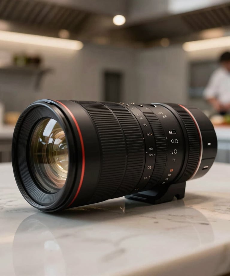 Close-up of a high-end camera lens capturing a chef plating a dish, with soft focus on a modern restaurant kitchen in the background.
