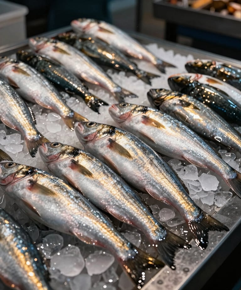 A moody, high-contrast shot of a local seafood market in Europe, with a focus on fresh silver fish on ice and a warm gold light reflecting off the surface.