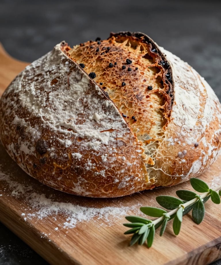 Close-up photography of a rustic sourdough loaf on a wooden cutting board, with light dusting of flour and a sprig of matte forest green herbs beside it.