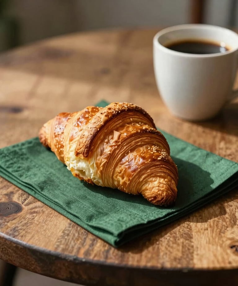 A rustic tabletop in a cozy North American bakery, featuring a half-eaten croissant, a cup of coffee, and a matte forest green napkin under warm morning sun.