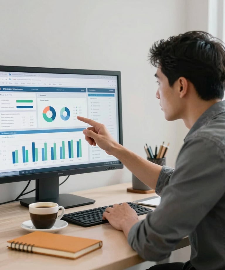 A professional digital marketing strategist in a minimalist office setting, reviewing social media analytics on a large screen, with a cup of coffee and a warm charcoal notebook on the desk.