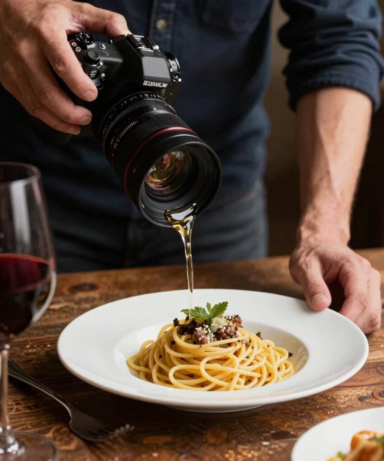 A food photographer adjust the lighting on a rustic table set with wine and pasta, emphasizing the warmth and sophisticated atmosphere.