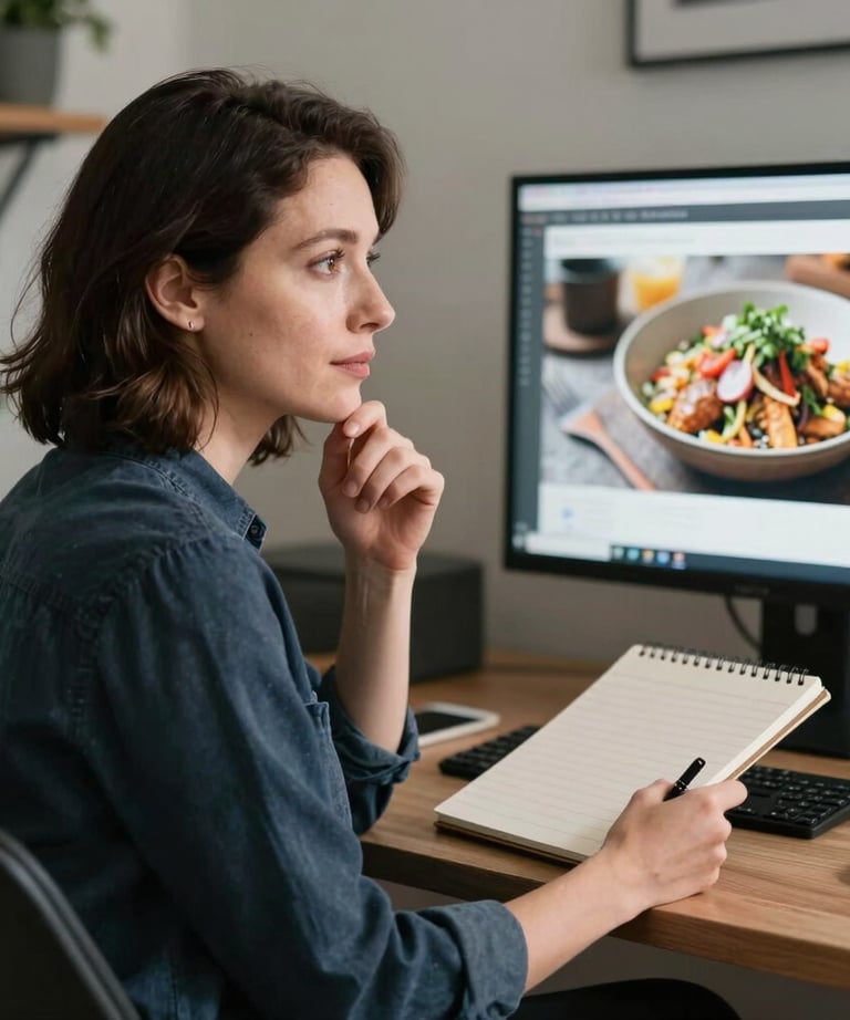 Portrait of a content strategist in a stylish North American workspace, holding a notepad and looking thoughtfully at a screen showing food photography.
