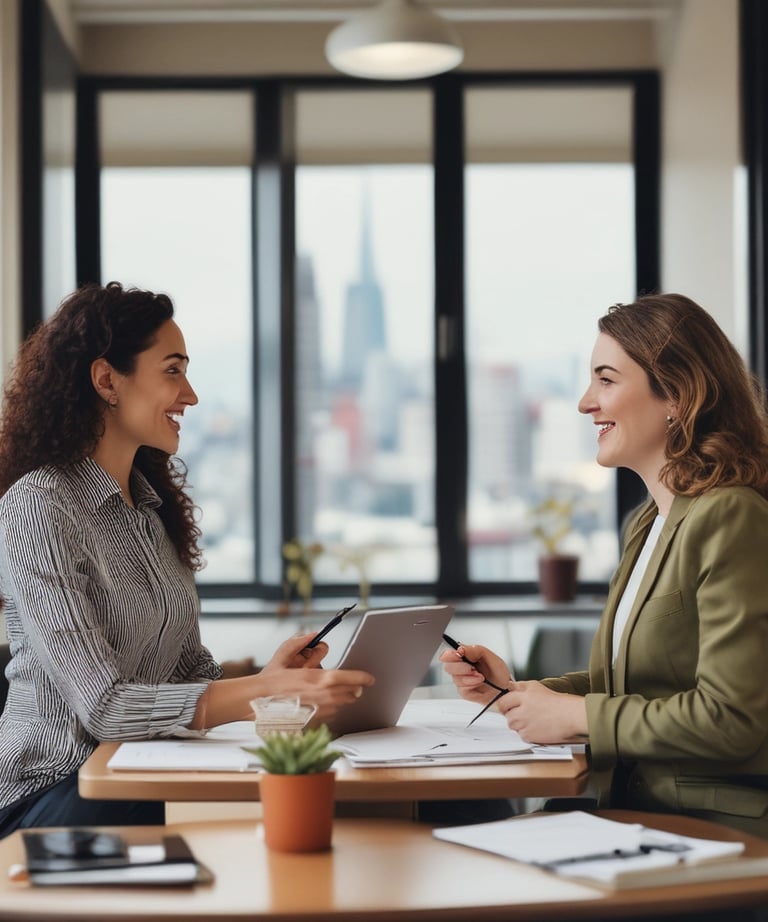 Two women collaborating over digital strategy plans with notes and laptops on a wooden table.