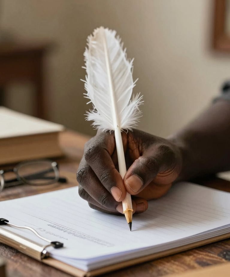 Close-up of the author's hands writing in a vintage notebook.