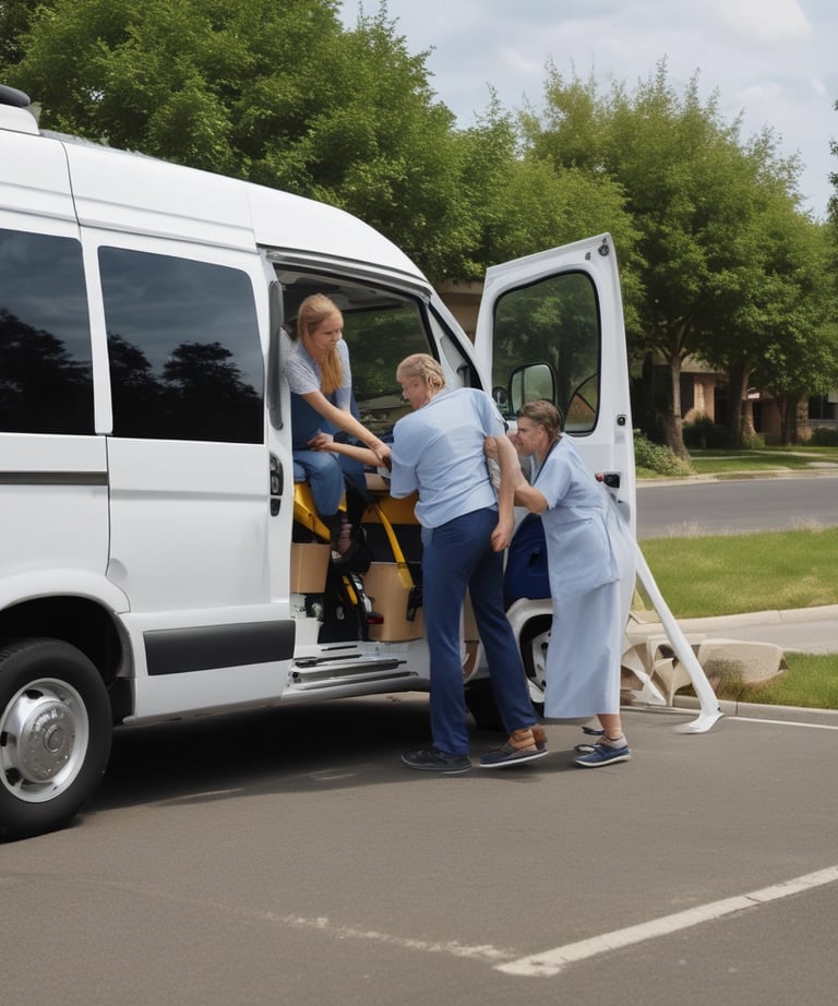 A professional driver assisting a patient into a transport van.