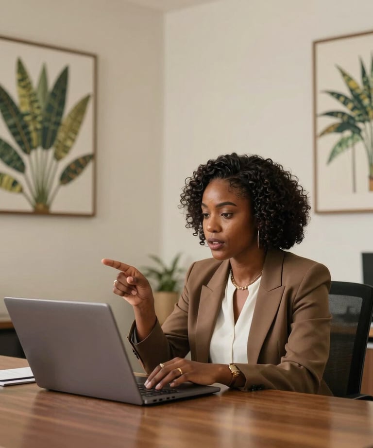 A medium shot of a professional woman in a modern office in Accra, West Africa, engaged in a strategic discussion over a laptop. The office features Earth Brown and Cream tones with local botanical art on the walls.