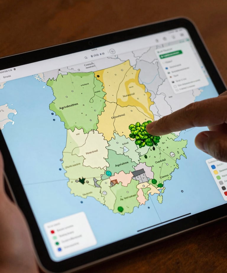 A photograph showing a digital tablet with a map of Ghana's agricultural regions. A hand is pointing to a specific cluster. Professional setting with warm lighting.