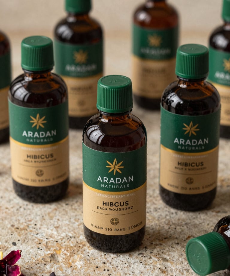 A high-resolution photograph of several bottles of Hibiscus-based products labeled with Aradan Naturals branding. The packaging is sophisticated, using Deep Green and Tan/Gold tones, set against a natural stone surface.