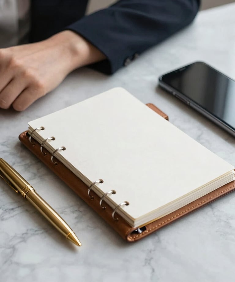 A sophisticated lifestyle photograph of a professional woman's work essentials: a gold pen, a leather-bound planner, and a modern smartphone on a marble surface.