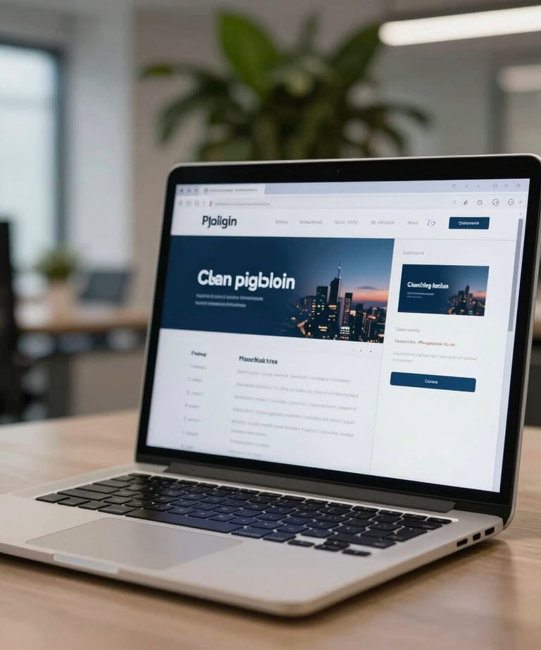 Clean photography of a silver laptop screen showing a branding project in progress, blurred modern office background with green plants.