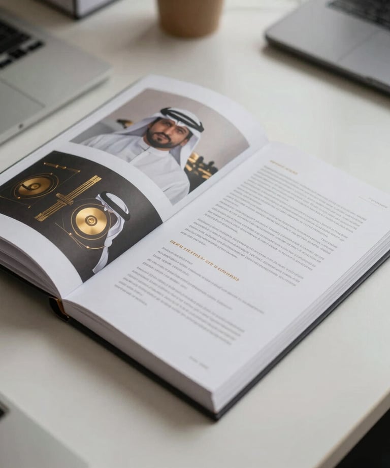 A clean, top-down photograph of a professional portfolio book open on a desk, showcasing sleek graphic design work, gold foil details, Middle Eastern / Gulf office environment.