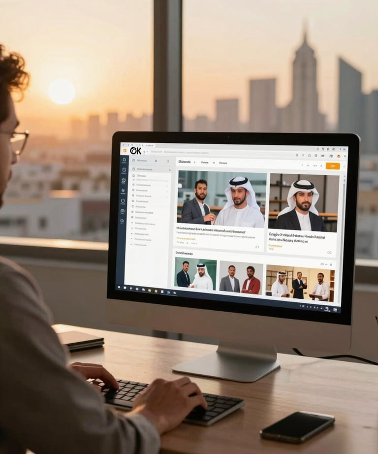 Portrait-style photography of a creative marketing professional's workspace with a high-end monitor showing social media campaign designs, warm sunset lighting, Middle Eastern / Gulf city views.