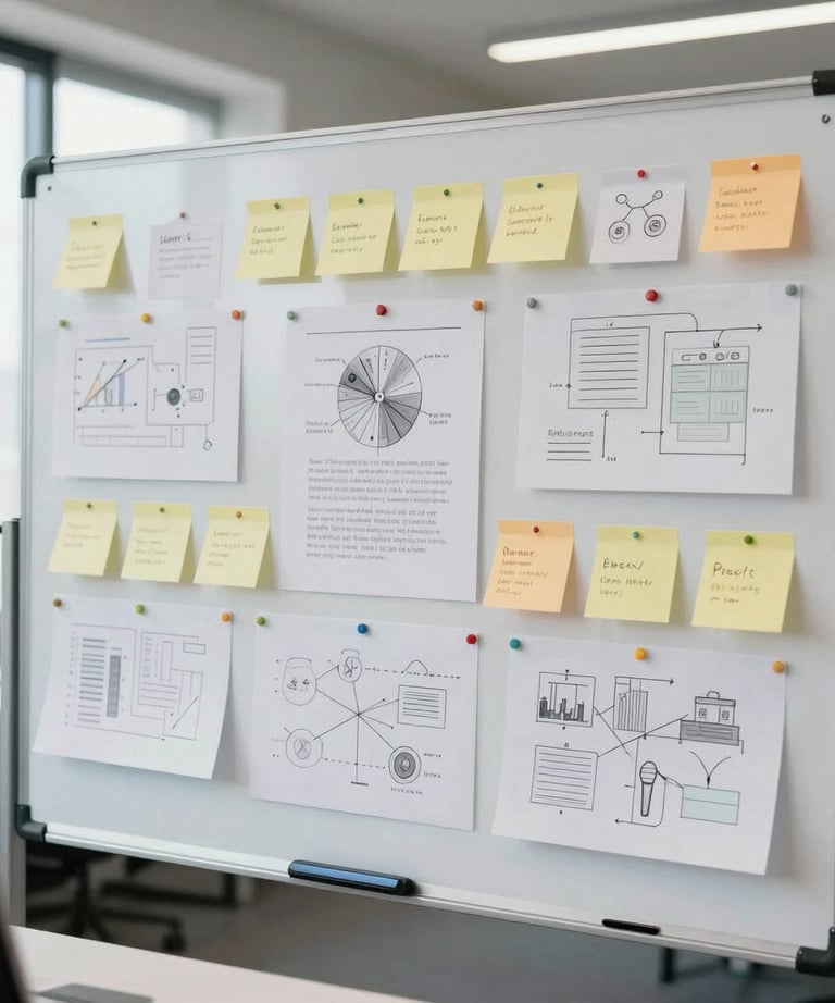 Professional photography of a marketing strategy board with post-it notes, sketches, and a tablet, shot in a bright, modern office.