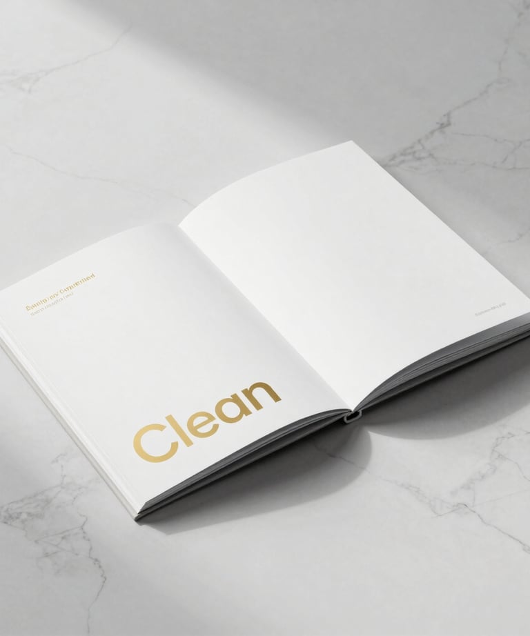 Clean, studio photography of a high-end corporate brochure with gold lettering, lying on a white marble floor with soft shadows.