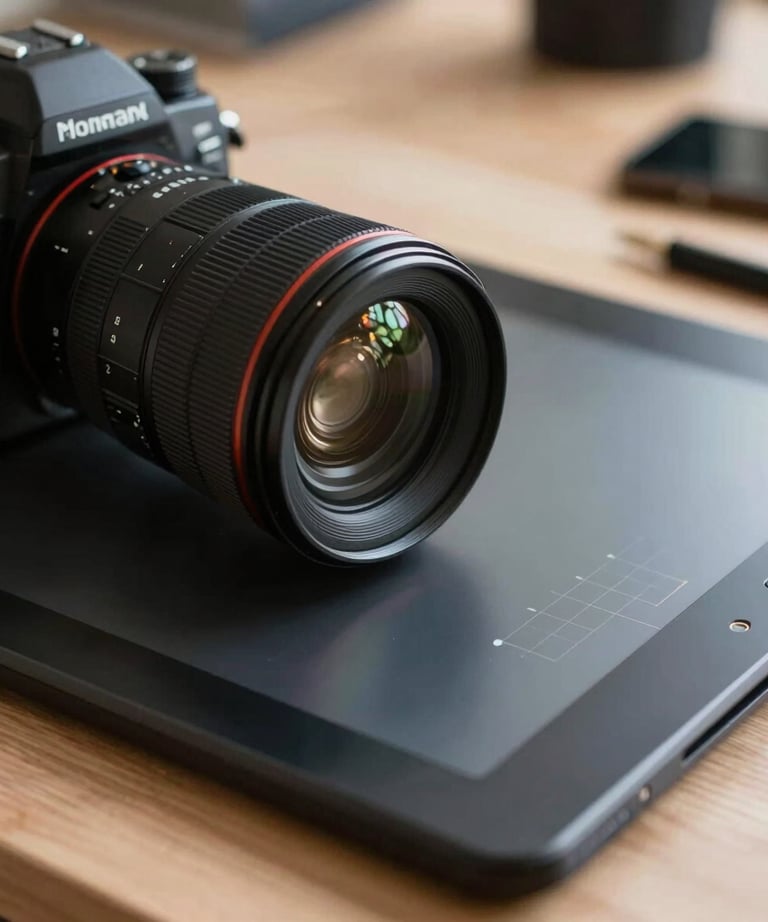 A close-up of a professional desk with a high-end camera lens and a graphic design tablet, representing the intersection of photography and design.