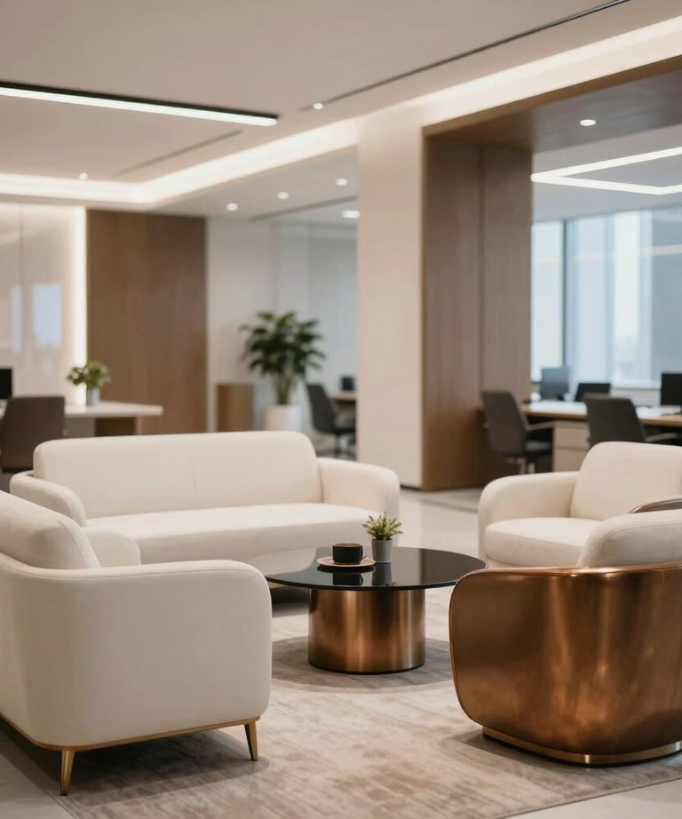Photography of a modern office lounge in Dubai, with sleek furniture in off-white and bronze, creating an atmosphere of professional elegance.