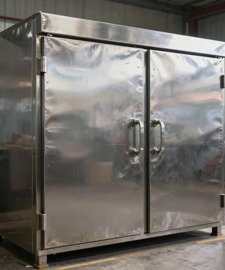 Large stainless steel walk-in cold storage room with double insulated doors in a commercial meat supplier warehouse.