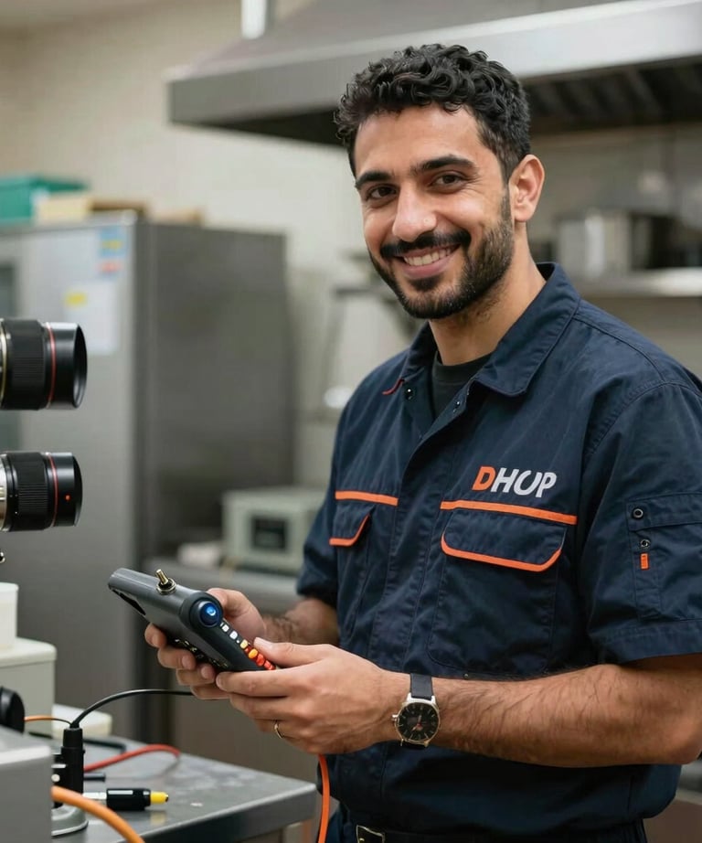 A Middle Eastern technician in uniform smiling while holding technical diagnostic tools in a commercial kitchen setting.
