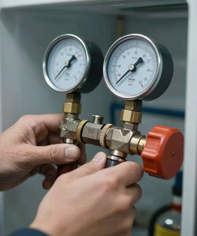 Close-up shot of hands using digital gauge meters checking gas pressure levels in a commercial refrigerator.