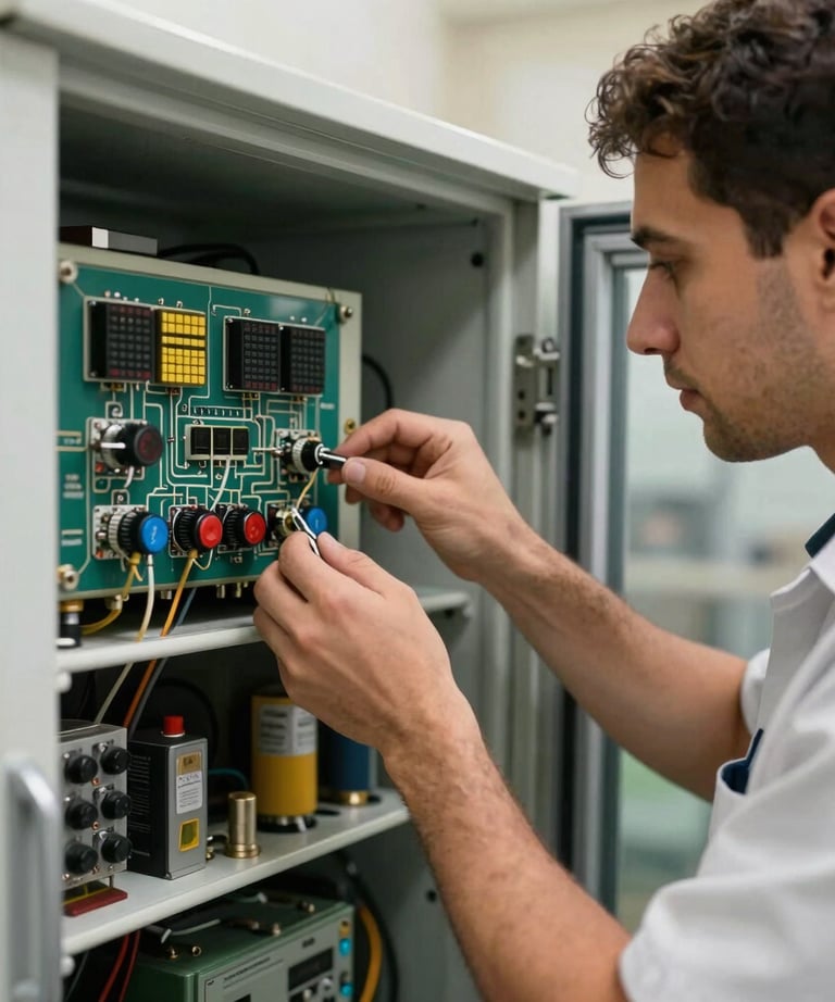 A professional technician repairing circuit controls inside an industrial freezer cabinet in Riyadh.