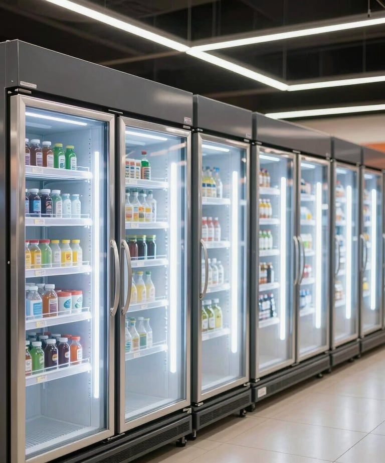 Row of clean commercial display fridges illuminated with bright crisp light inside a modern supermarket in Riyadh.
