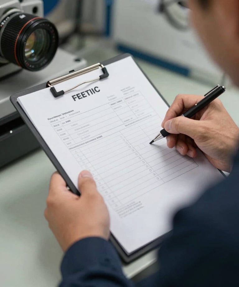 A technician writing a clear invoice and checking off a maintenance inspection list for a commercial client.