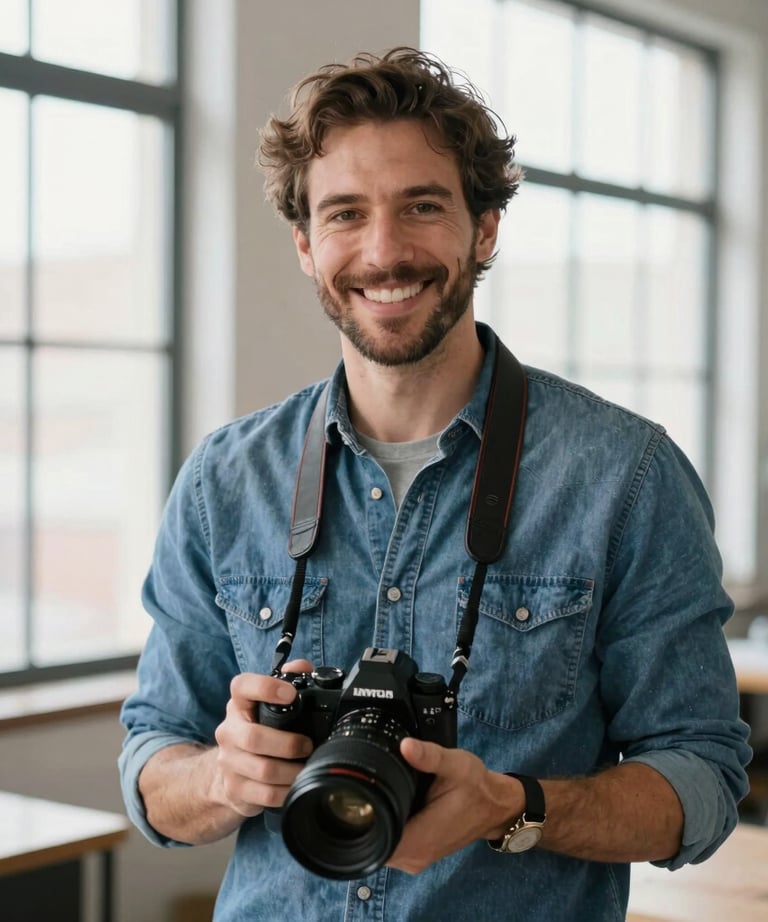 A portrait of a creative man with a warm smile, wearing a casual denim shirt, holding a high-end camera, standing in a brightly lit photography studio with large windows. North American / US.