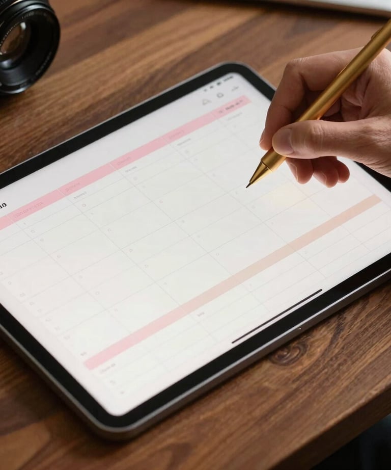 A close-up photograph of a hand using a gold stylus on a digital tablet screen, displaying a beautifully organized daily planner with pink and beige design accents, sitting on a chic wooden table.