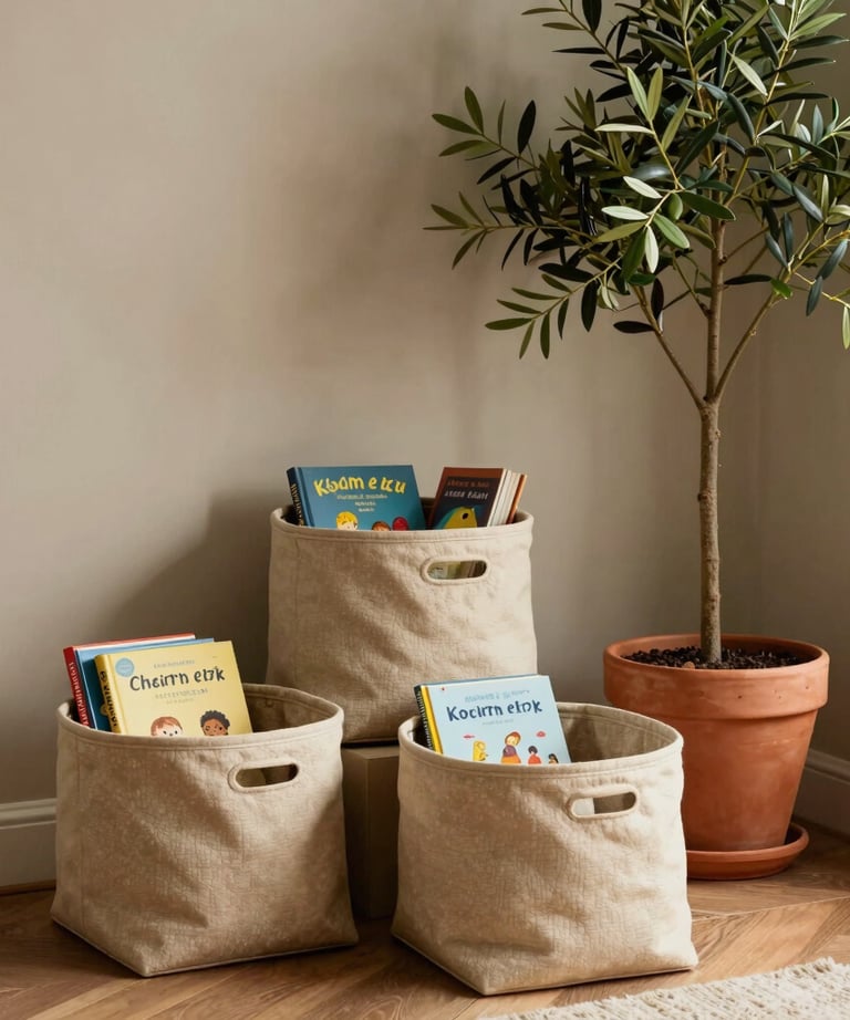 A gorgeous corner of a modern living room featuring aesthetic sand-beige storage baskets holding children's books next to a green potted olive tree in a terracotta pot, warm and chic North American / US decor.