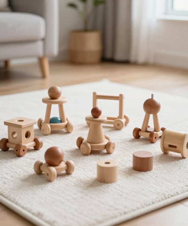 A bright, playful shot of adorable minimalist wooden toddler toys arranged neatly on a clean white rug in a sunny North American / US playroom, natural and bright style.