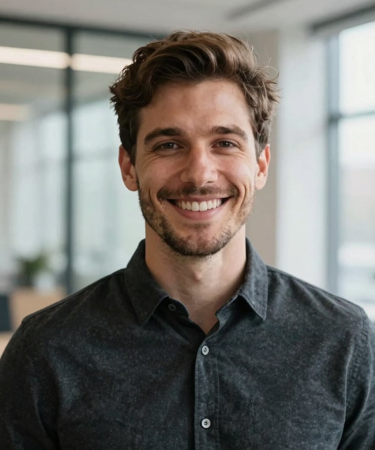 A friendly headshot of a stylish professional man smiling, wearing a modern dark charcoal shirt, set against a bright, airy architectural background in a North American / US creative agency.