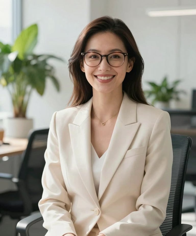 A bright portrait of a smiling professional woman with stylish glasses and a cream-colored blazer, sitting in a modern, sunlit North American / US office with green potted plants in the background.
