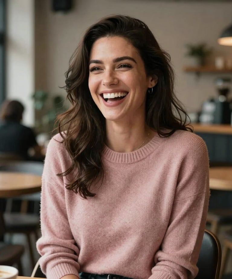 A relaxed, friendly portrait of a professional woman wearing a soft dusty rose knit sweater, laughing candidly in a modern, beautiful coffee shop setting in North American / US.
