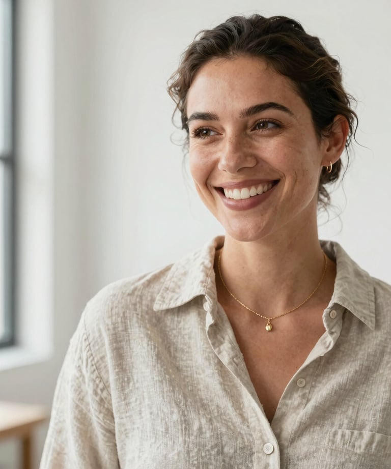 A professional yet fun headshot of a stylish creative professional woman smiling warmly in a bright, modern studio. She is wearing a relaxed neutral linen shirt and delicate gold jewelry. Bright natural lighting, North American / US context.