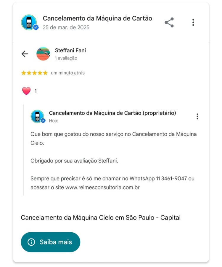Cancelamento da Maquina Cielo em Sao Paulo Capital